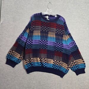 VINTAGE Massimo Men Sweater XL Blue Plaid Check Wool Blend Long Sleeve 90s Italy